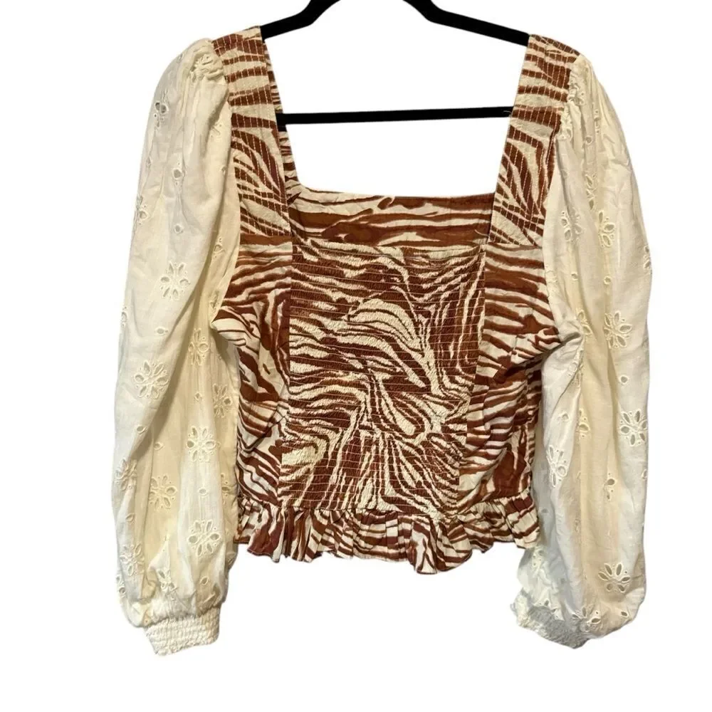 Revolve Anthropologie Love The Label Smocked Puff-Sleeve Brown Zebra Blouse